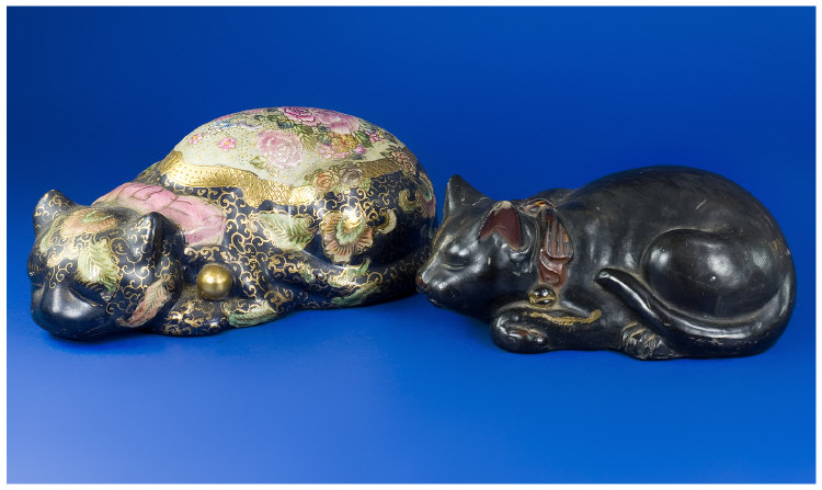 Appraisal: Early th Century Japanese Pottery Cats Black Lacquered Sleeping Cat