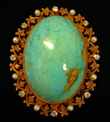 Appraisal: karat yellow gold pearl diamond and turquoise broochOval turquoise framed