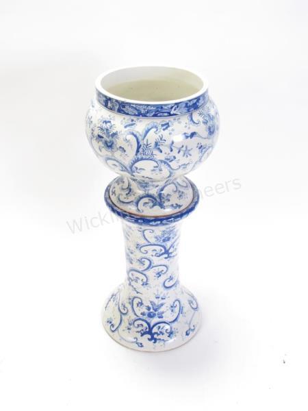 Appraisal: Oriental Porcelain Jardiniere with Pedestal blue and white porcelain with