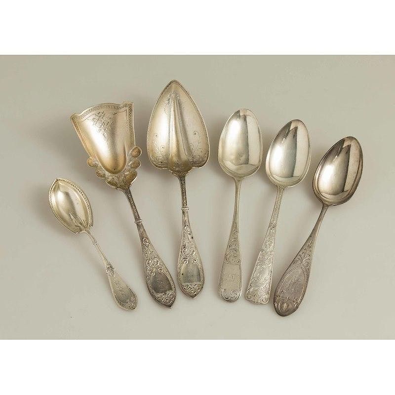 Appraisal: Schulz Fischer Silver Serving Pieces Six monogrammed silver serving spoons