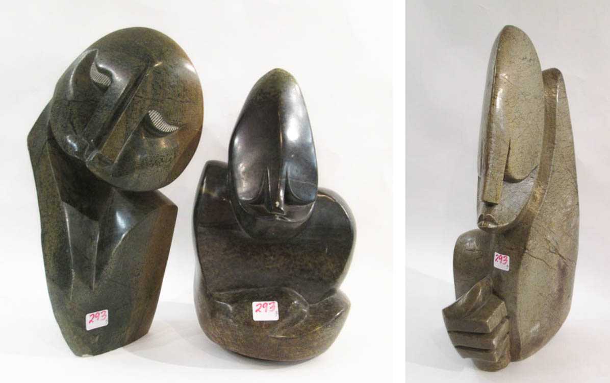 Appraisal: THREE SHONA STONE SCULPTURES Zimbabwe Africa L horizontal abstract figure