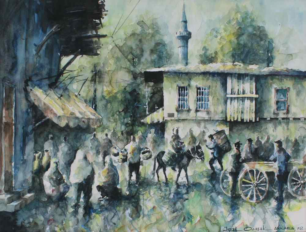 Appraisal: OZISIK Isil Turkish - ''Ankara '' village scene with figures