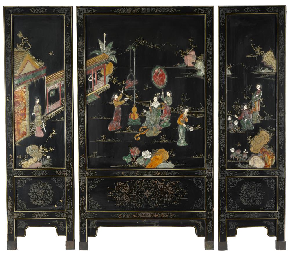 Appraisal: CHINESE STONE-INLAID TABLE SCREENcomprising three panels Provenance The Mrs Stuart