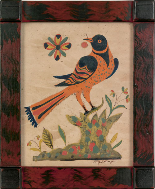 Appraisal: David Y Ellinger American - watercolor fraktur of a bird