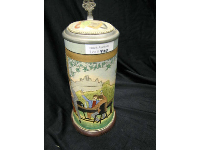 Appraisal: German Etched Pottery Stein with gentleman and bar maiden liter