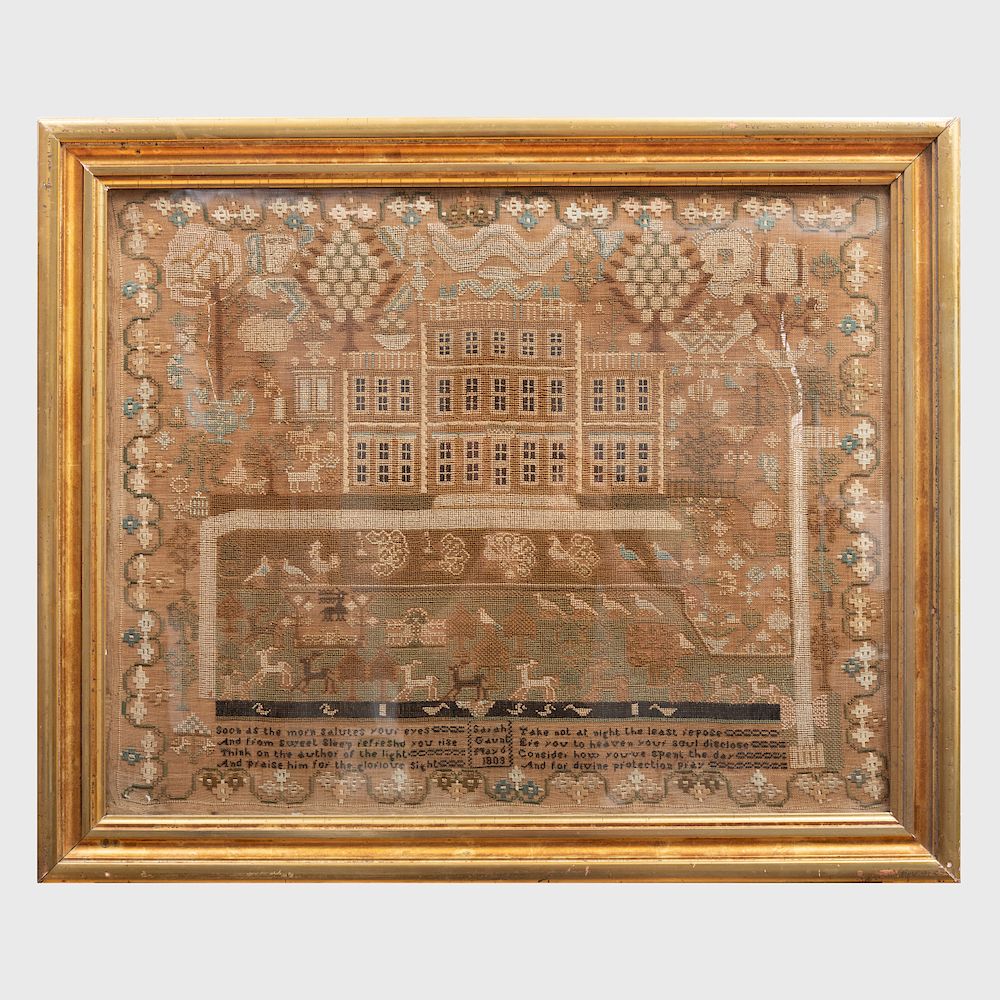 Appraisal: Scottish Irish Needlework Sampler Depicting a manor house with a