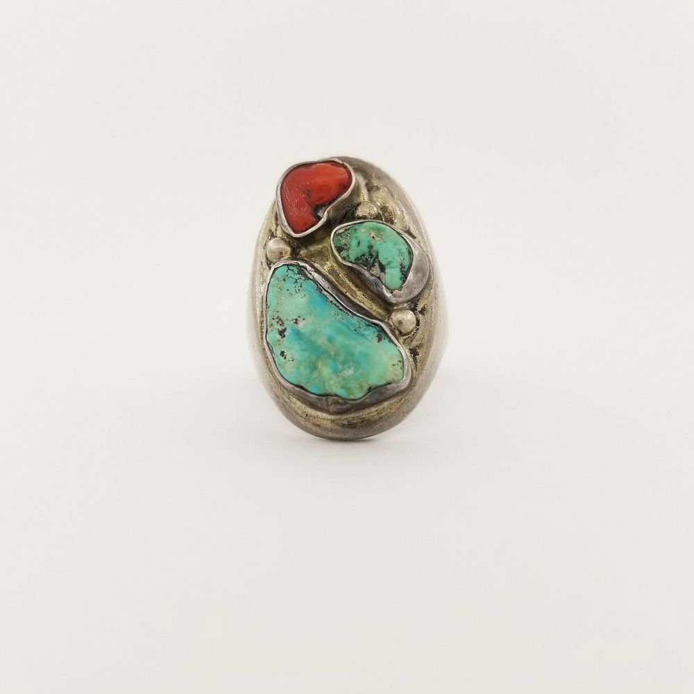 Appraisal: Navajo Turquoise Coral Silver Ring Navajo Turquoise Coral Silver Ring