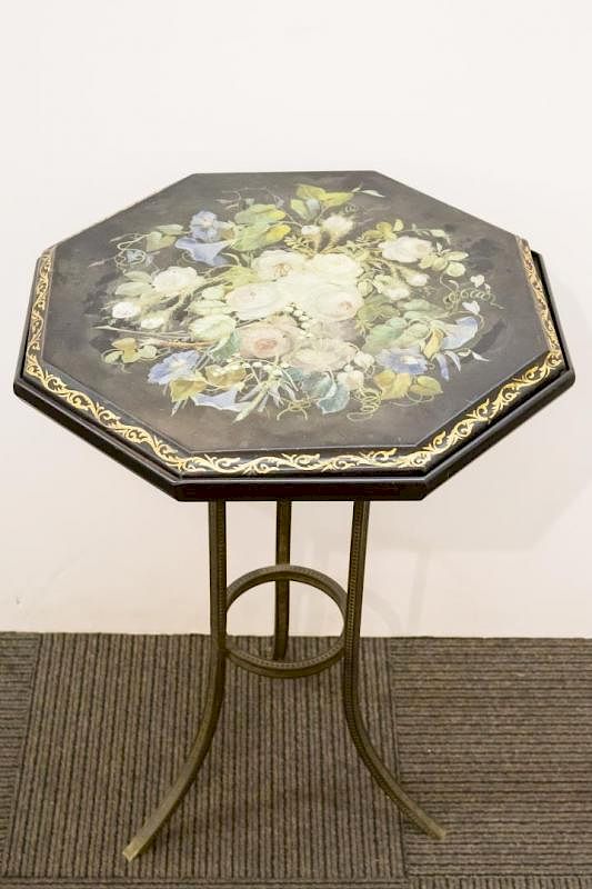 Appraisal: Victorian Painted Stone Wrought Iron Table Victorian octagonal-top black stone