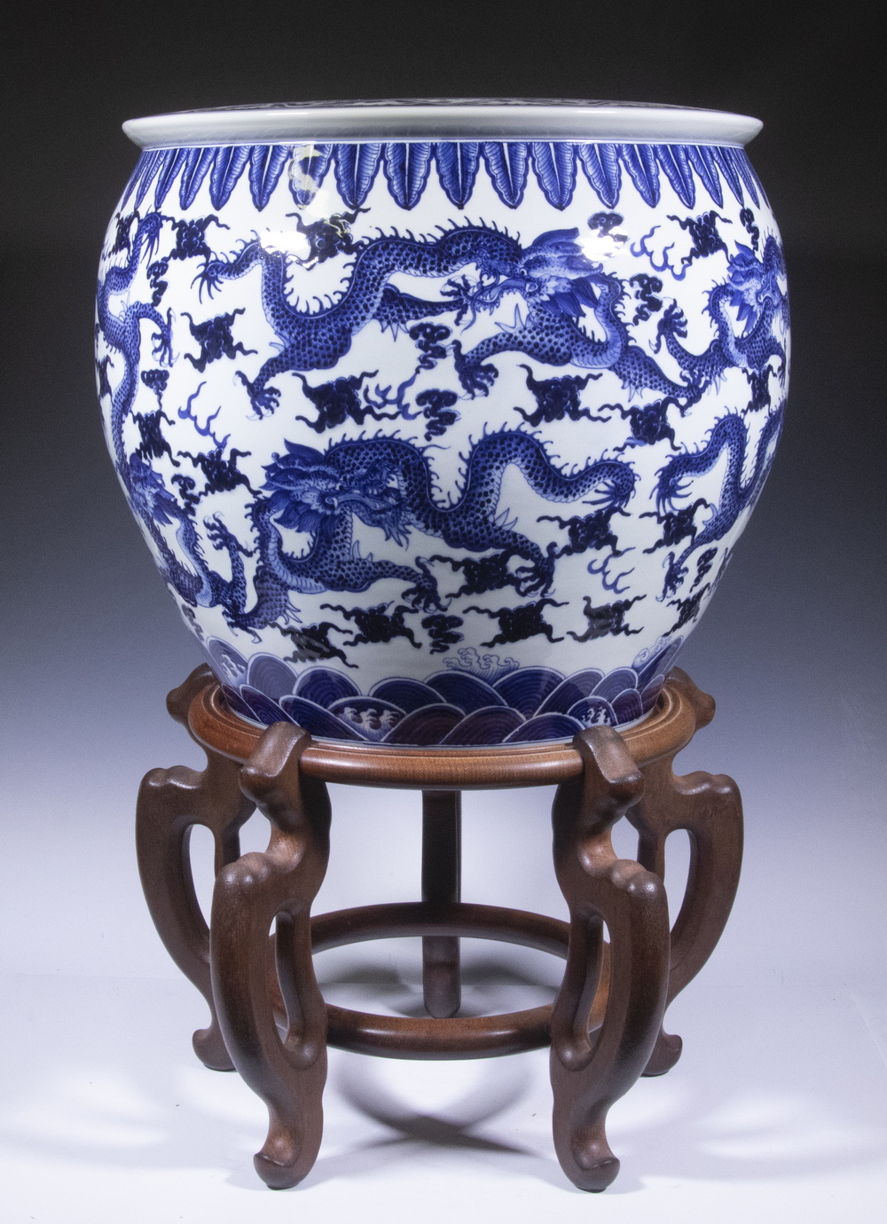 Appraisal: LARGE CHINESE BLUE WHITE NINE DRAGON JARDINIERE th c Traditional