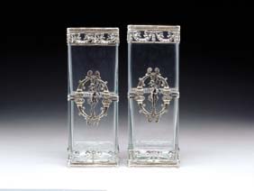 Appraisal: PAIR CONTINENTAL VASES Pair unusual Continental vases square-form glass liners