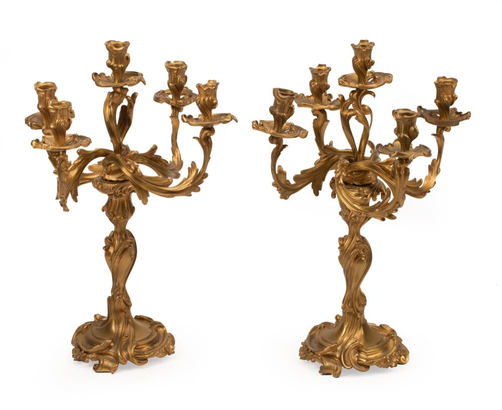 Appraisal: Pair of Louis XV-Style Gilt Bronze Five-Light Candelabra th c