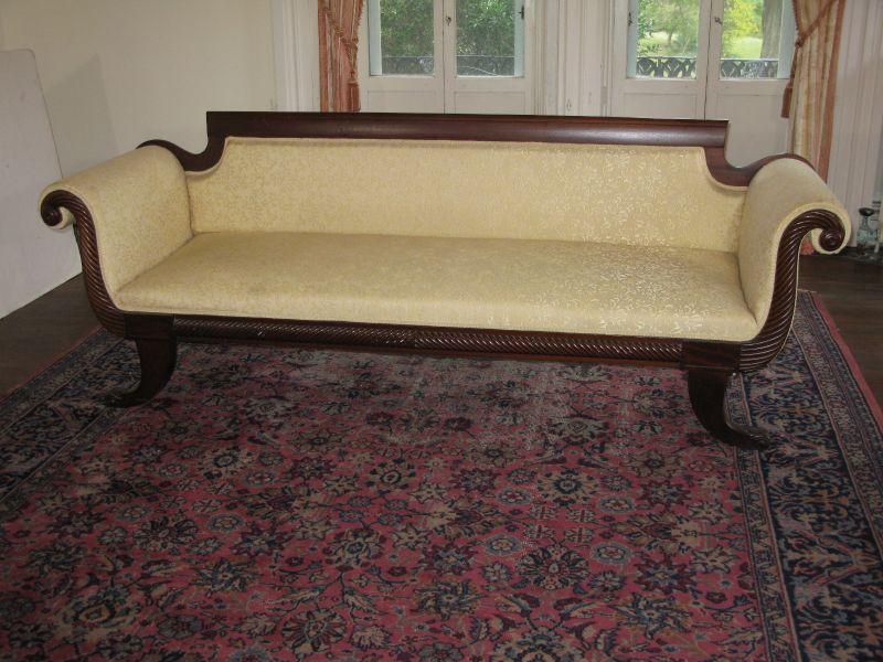 Appraisal: American Classical Sofa th c upholstered with mahogany frame curved