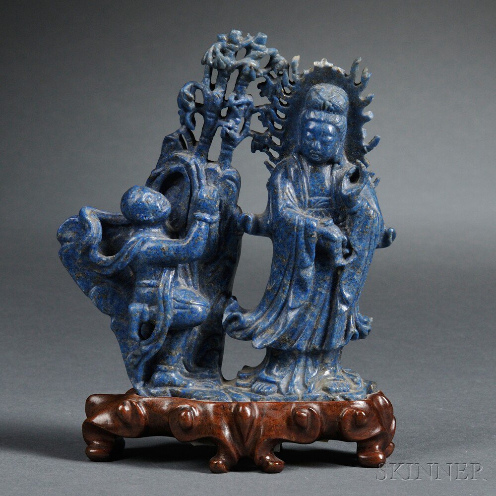 Appraisal: Lapis Lazuli Carving China depicting Guanyin with an attendant on