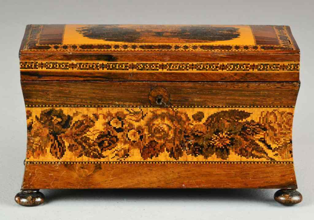 Appraisal: Fine Turnbridge Inlaid Tea CaddyFinely decorated -division caddy the cushion-shaped