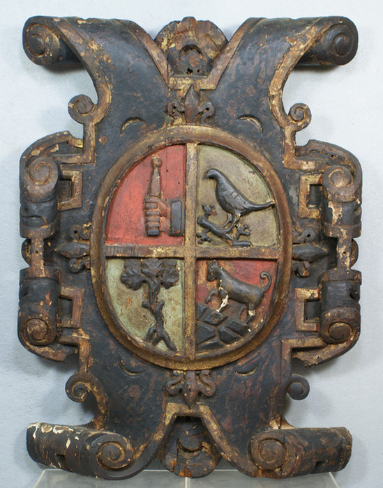 Appraisal: Continental carved and painted wood coat of arms h x