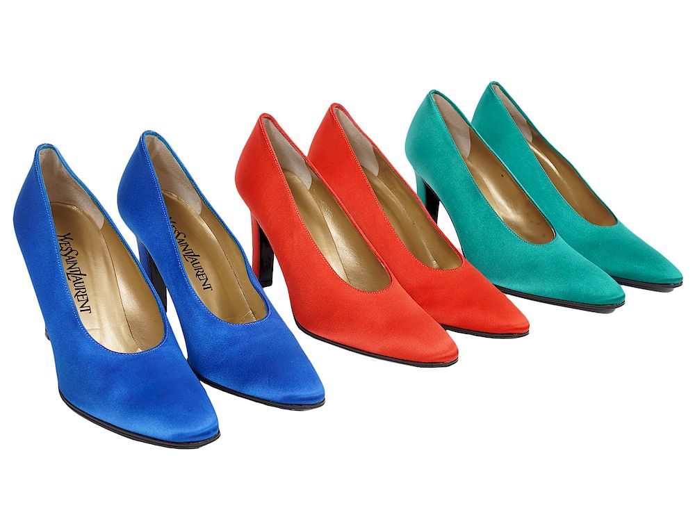 Appraisal: Pair YSL Satin Pumps Red Green Blue N Pair of