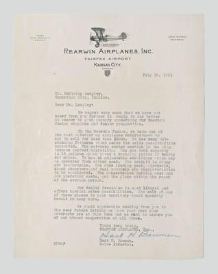 Appraisal: Seven signed aviation history items typed letter July quot Rearwin