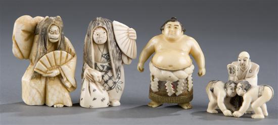 Appraisal: Group of four carved and polychrome ivory bone netsukes th