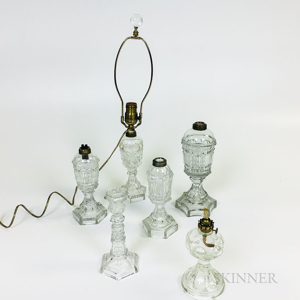 Appraisal: Four Sandwich Colorless Glass Fluid Lamps and Two Others Four