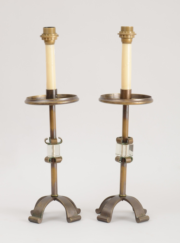 Appraisal: PAIR OF GLASS-MOUNTED BRONZE PRICKET STICK LAMPS Each stem centered