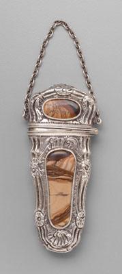 Appraisal: Silver and agate chatelaine etui shaped case with scroll shell