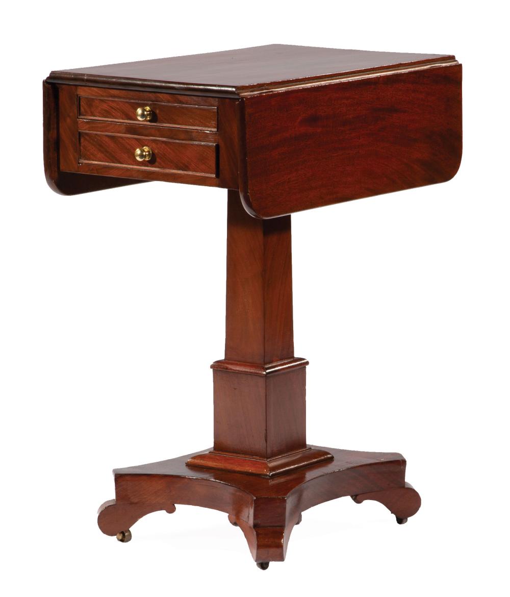 Appraisal: American Classical Carved Mahogany Drop-Leaf Work Table two drawers pedestal