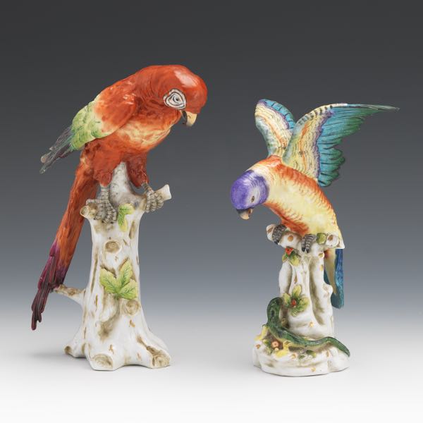 Appraisal: TWO CAPODIMONTE PORCELAIN PARROTS Both standing on tree stumps the