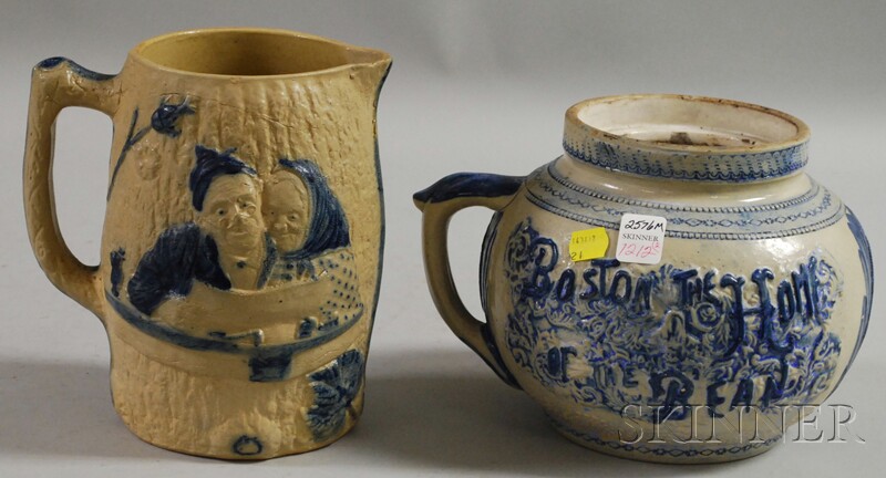 Appraisal: Cobalt-highlighted Molded Stoneware Jug and Boston Bean Pot