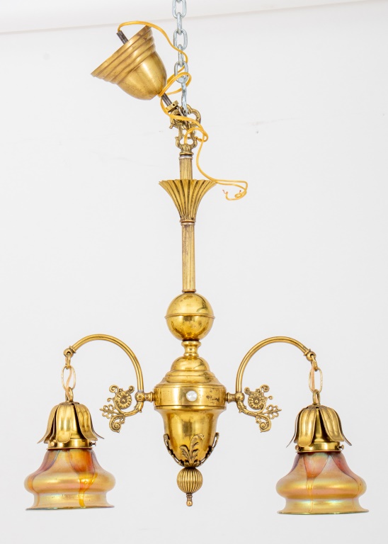 Appraisal: AMERICAN BRASS TWO-LIGHT CHANDELIER W LOETZ GLASS American Art Nouveau