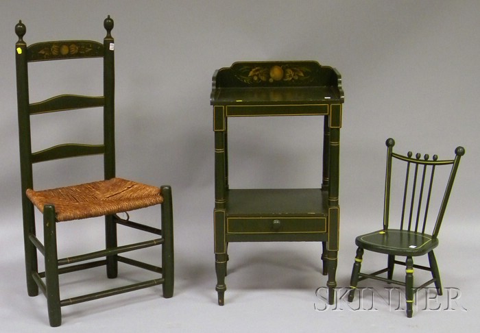 Appraisal: Green-painted and Decorated Wooden Ladder-back Side Chair Washstand and Child's