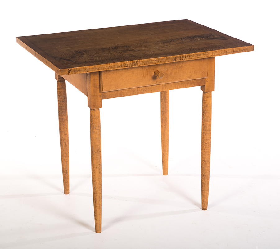 Appraisal: SHERATON-STYLE ONE-DRAWER WORK TABLE American late th century tiger maple