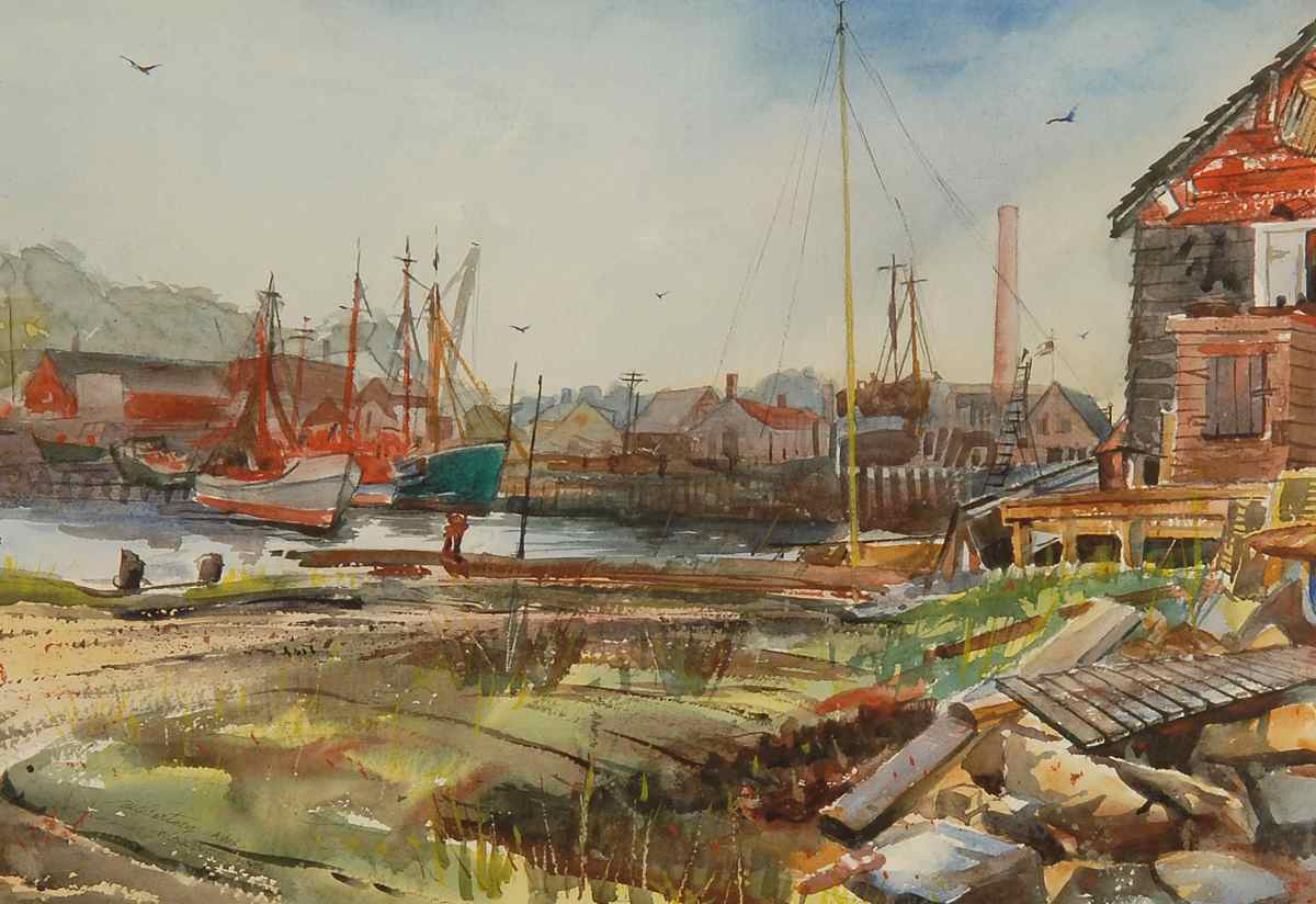 Appraisal: CHARLES P MCCARTNEYAmerican - Gloucester Mass depicting docked fishing vessels