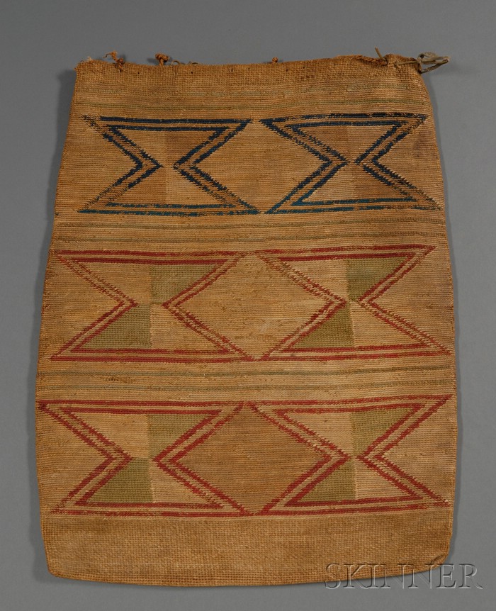 Appraisal: Large Plateau Polychrome Cornhusk Bag th century with zigzag devices