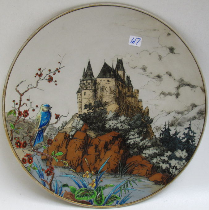 Appraisal: METTLACH ETCHED AND GLAZED POTTERY PLAQUE Castle Scene with Bird