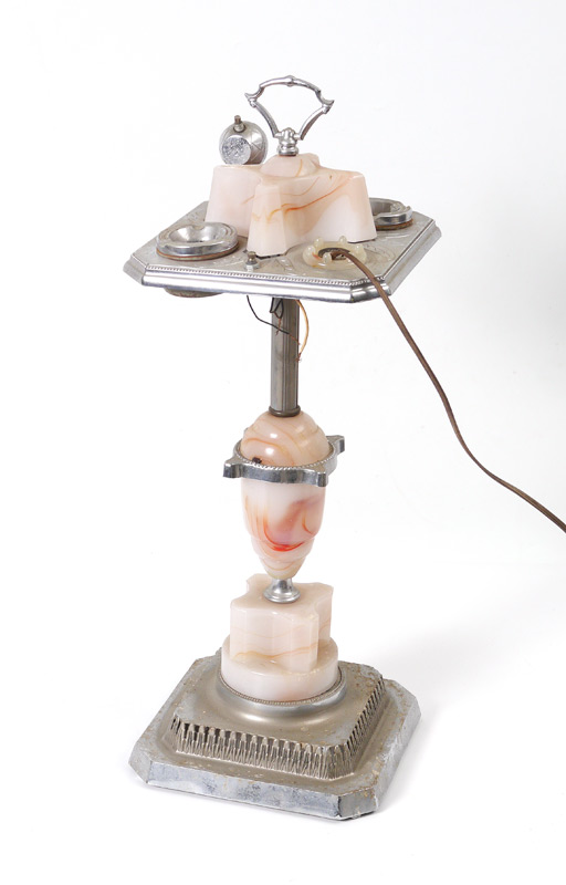 Appraisal: CHROME PINK AGATE SMOKING STAND Chrome finish over metal and