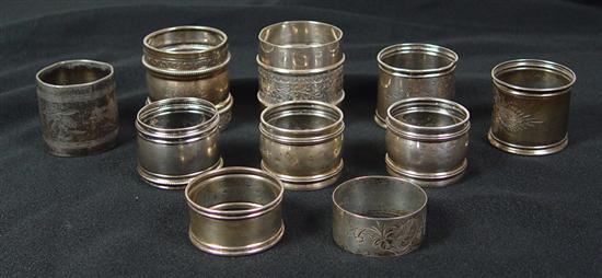 Appraisal: Ten Silver Napkin Rings Various patterns Five marked sterling