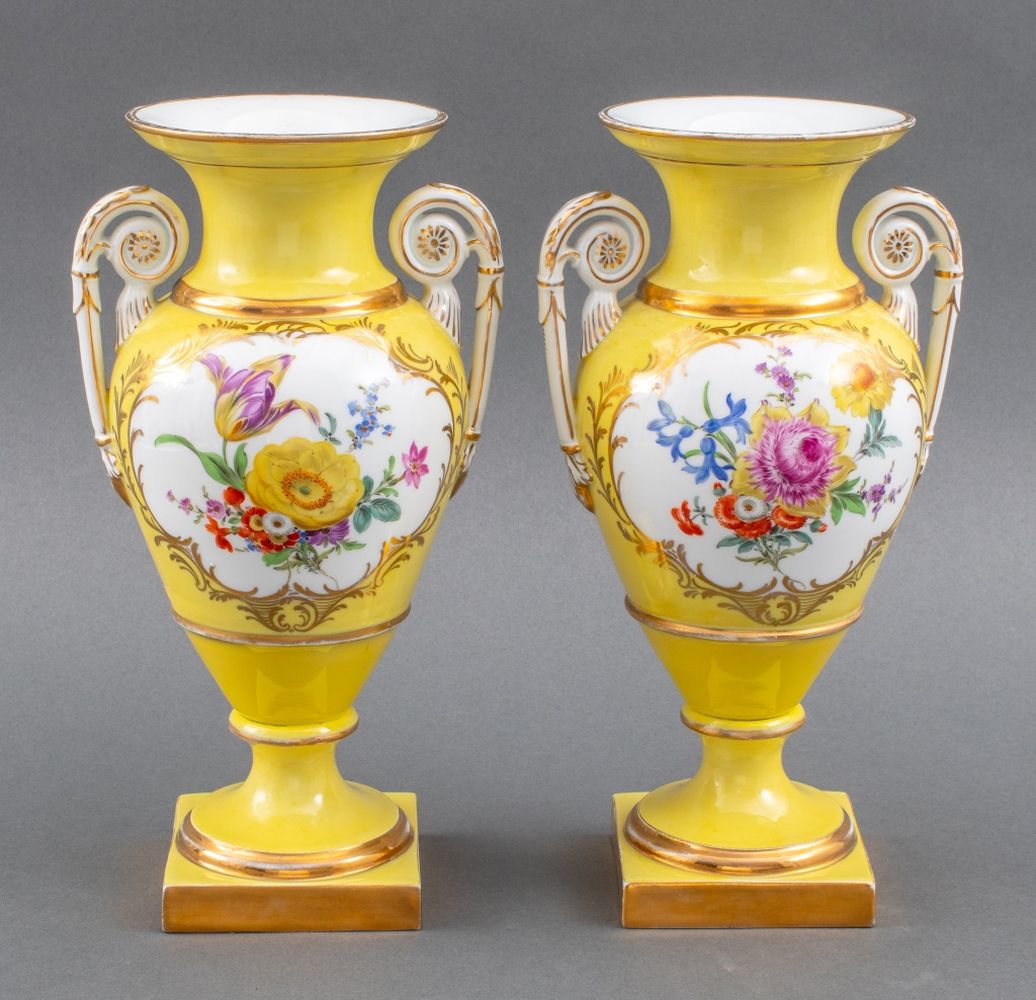 Appraisal: MEISSEN YELLOW GLAZED PORCELAIN URN VASES PAIR Pair of Meissen