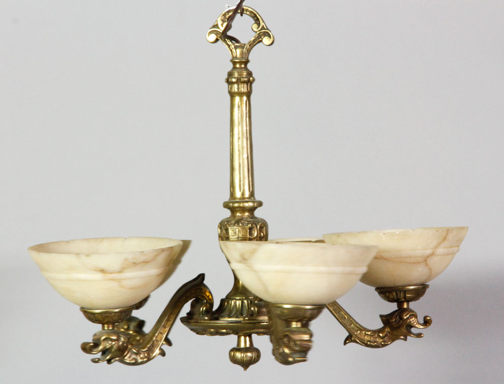 Appraisal: - th C Chandelier th century chandelier brass and alabaster