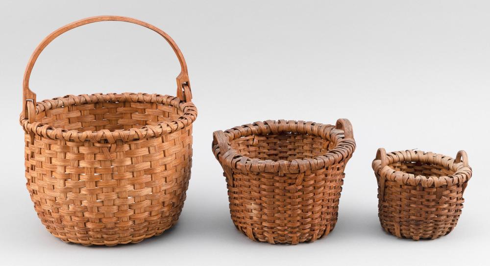 Appraisal: THREE WOVEN SPLINE BASKETS EARLY TH CENTURY HEIGHTS FROM TO