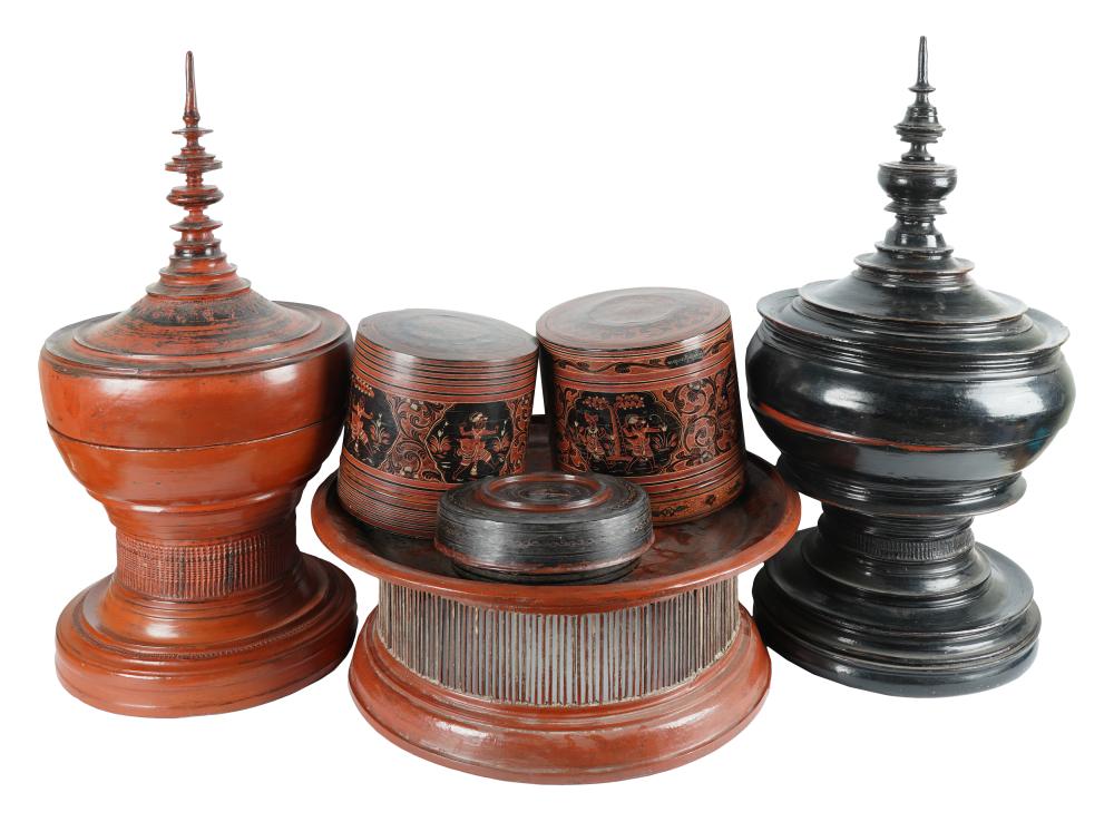 Appraisal: GROUP OF ASIAN LACQUERWAREcomprising two cylindrical boxes two large pointed