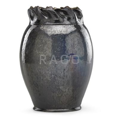 Appraisal: GEORGE OHR - Large bulbous vase with folded rim gunmetal