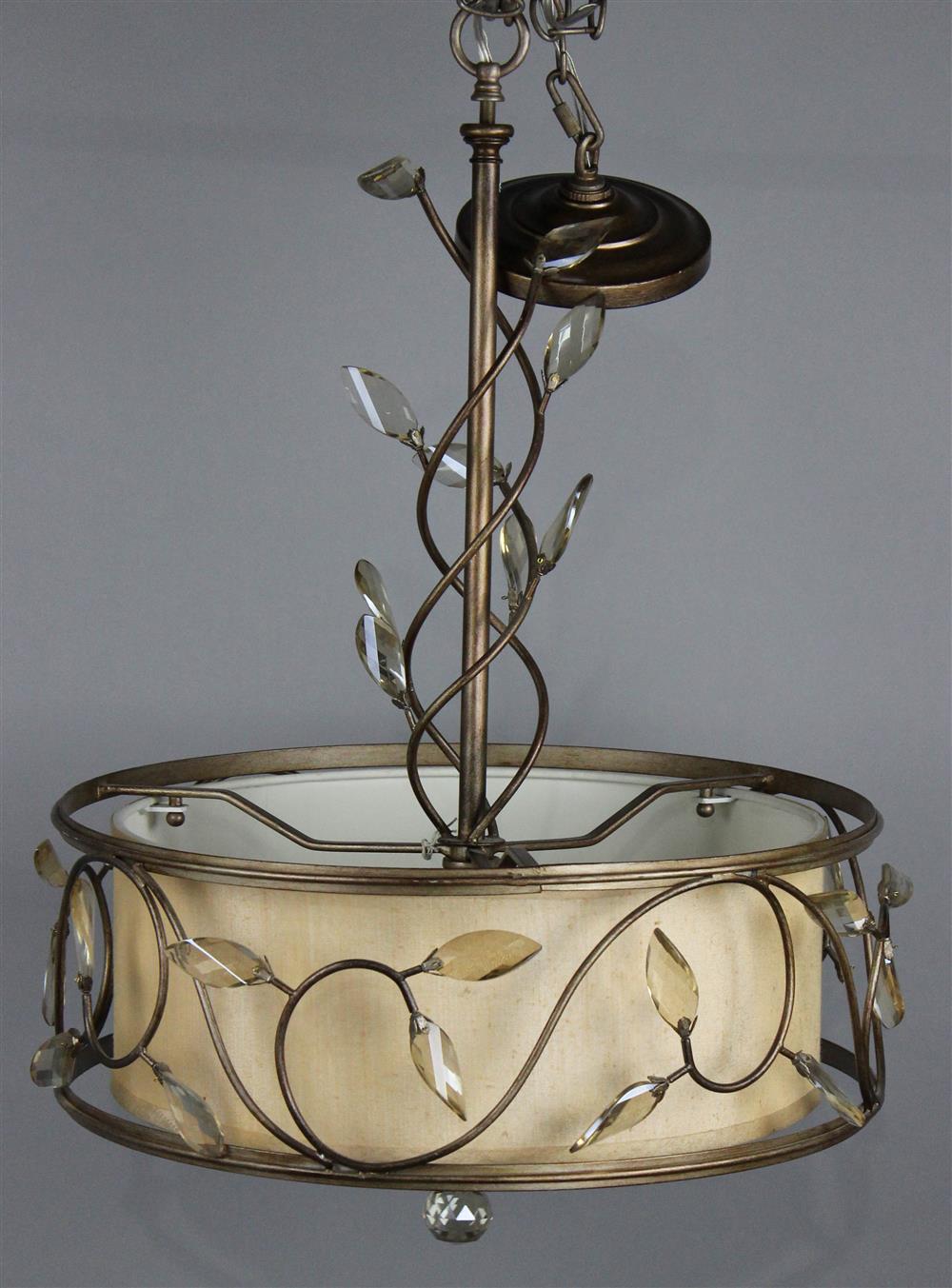 Appraisal: BRONZE FINISH PIERCED LEAF AND SILK DRUM SHADE CHANDELIER bronze