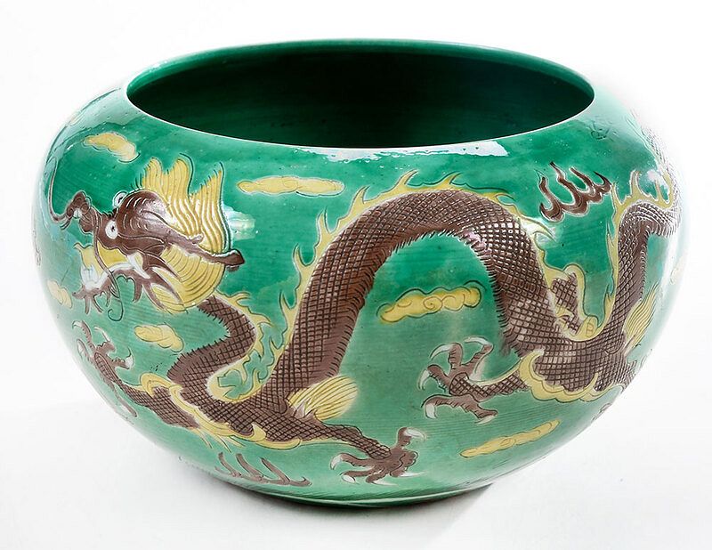 Appraisal: Chinese Susancai Dragon Decorated Porcelain Bowl inscribed Kangxi character mark