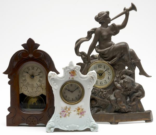 Appraisal: DRESSER CLOCKS Small porcelain clock with floral decoration miniature walnut