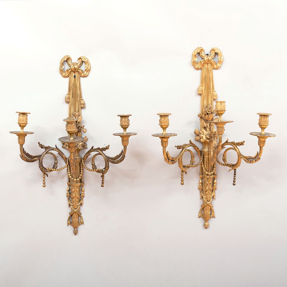 Appraisal: Pair of Louis XVI Ormolu Three-Light Sconces Pair of Louis