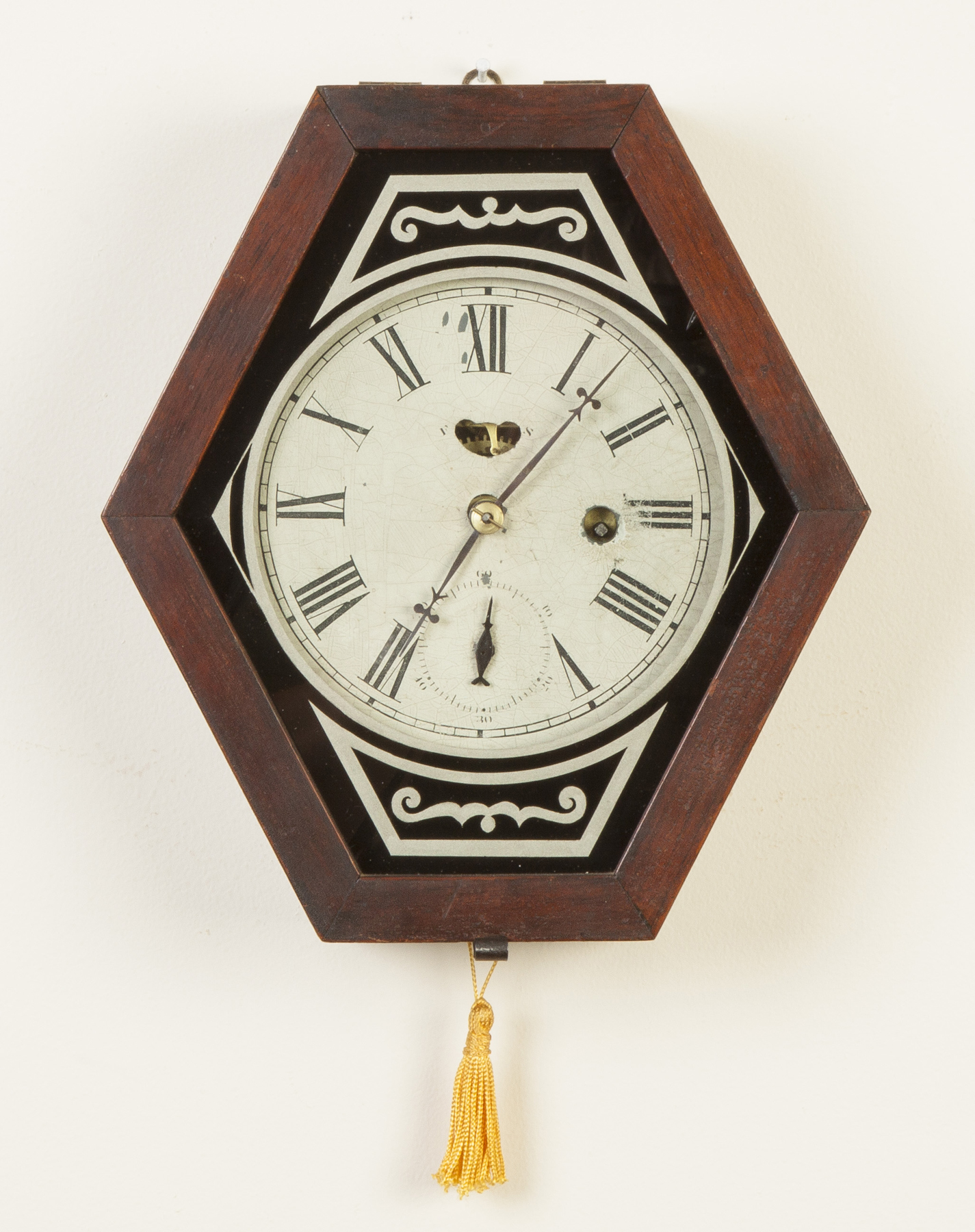 Appraisal: Waterbury Clock Co Miniature Wall Clock Hexagonal Walnut case original