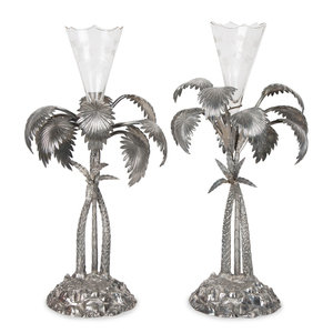 Appraisal: Pair of French Palm Tree-Form Silvered Bronze and Glass Centerpieces