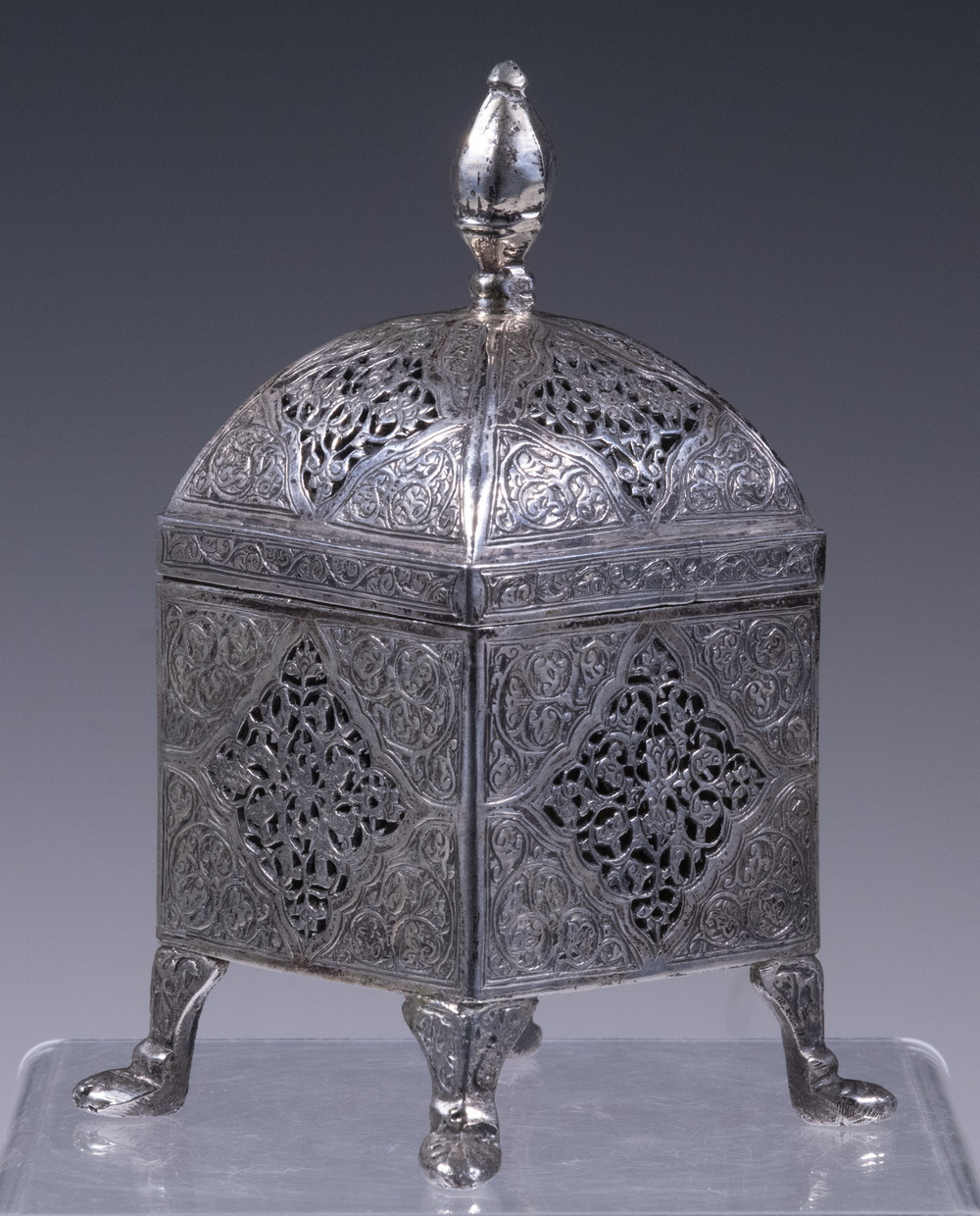 Appraisal: CAUCASIAN SILVER CENSER th c -Silver Lidded Incense Burner square