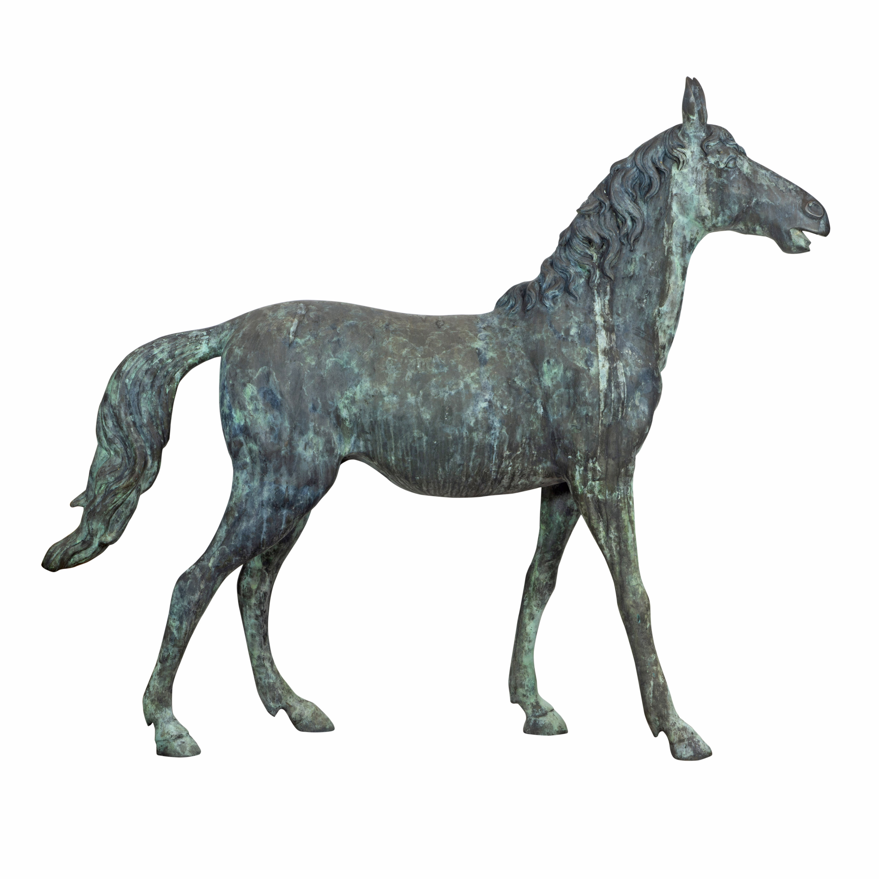 Appraisal: A PATINATED METAL SCULPTURE DEPICTING A STALLION A patinated metal