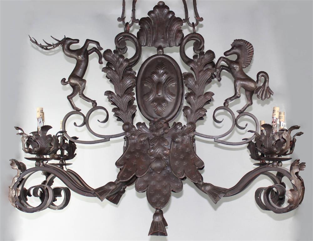 Appraisal: RENAISSANCE REVIVAL PATINATED IRON SIX LIGHT CHANDELIER with a long